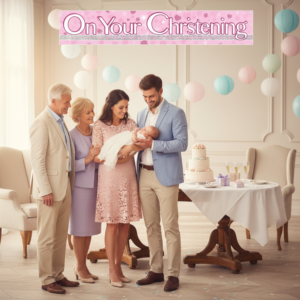 Family celebrating christening with pink holographic banner in beautiful party setting