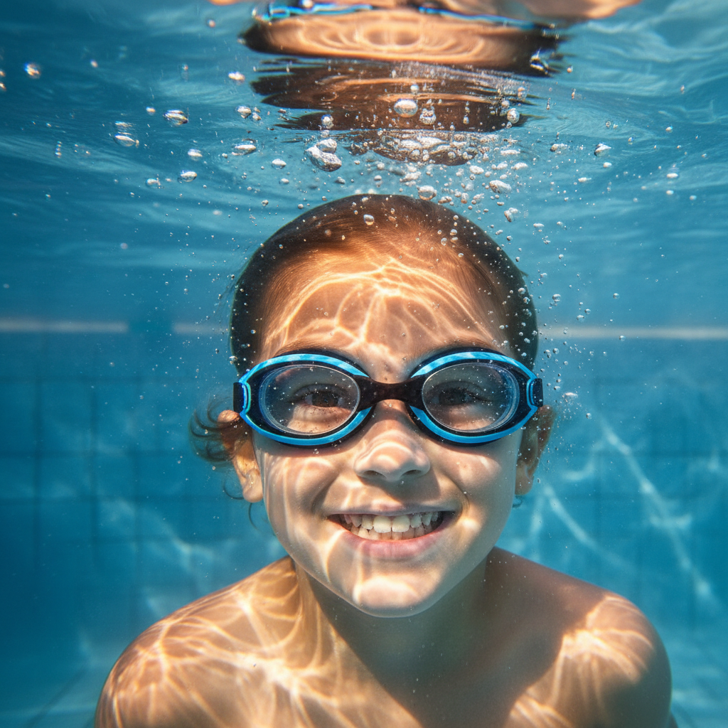 Child underwater in clear blue pool wearing Osprey swimming goggles smiling at camera