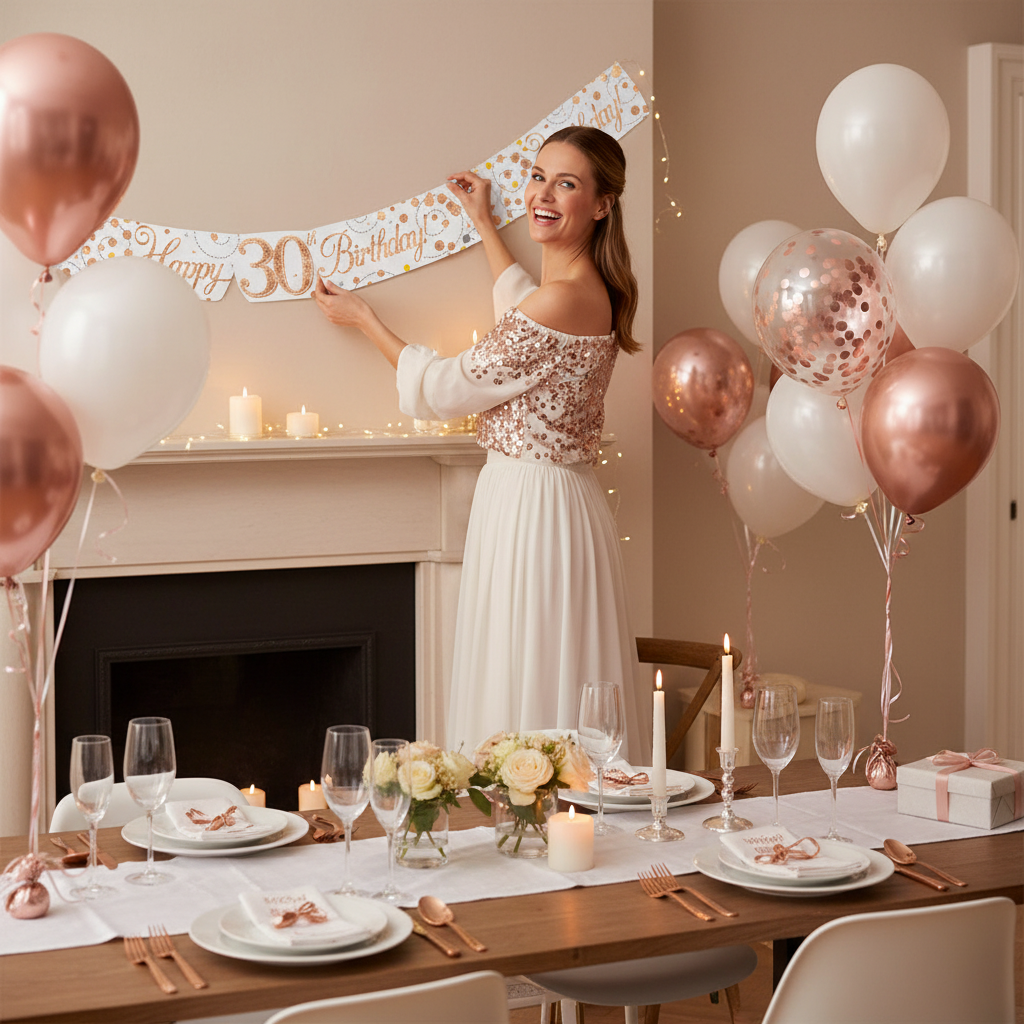 Woman hanging 30th birthday banner at elegant rose gold and white party celebration