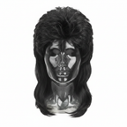 Men's 1980s black mullet wig on pure white background, studio hero shot showing full jet-black business-front party-back silhouette