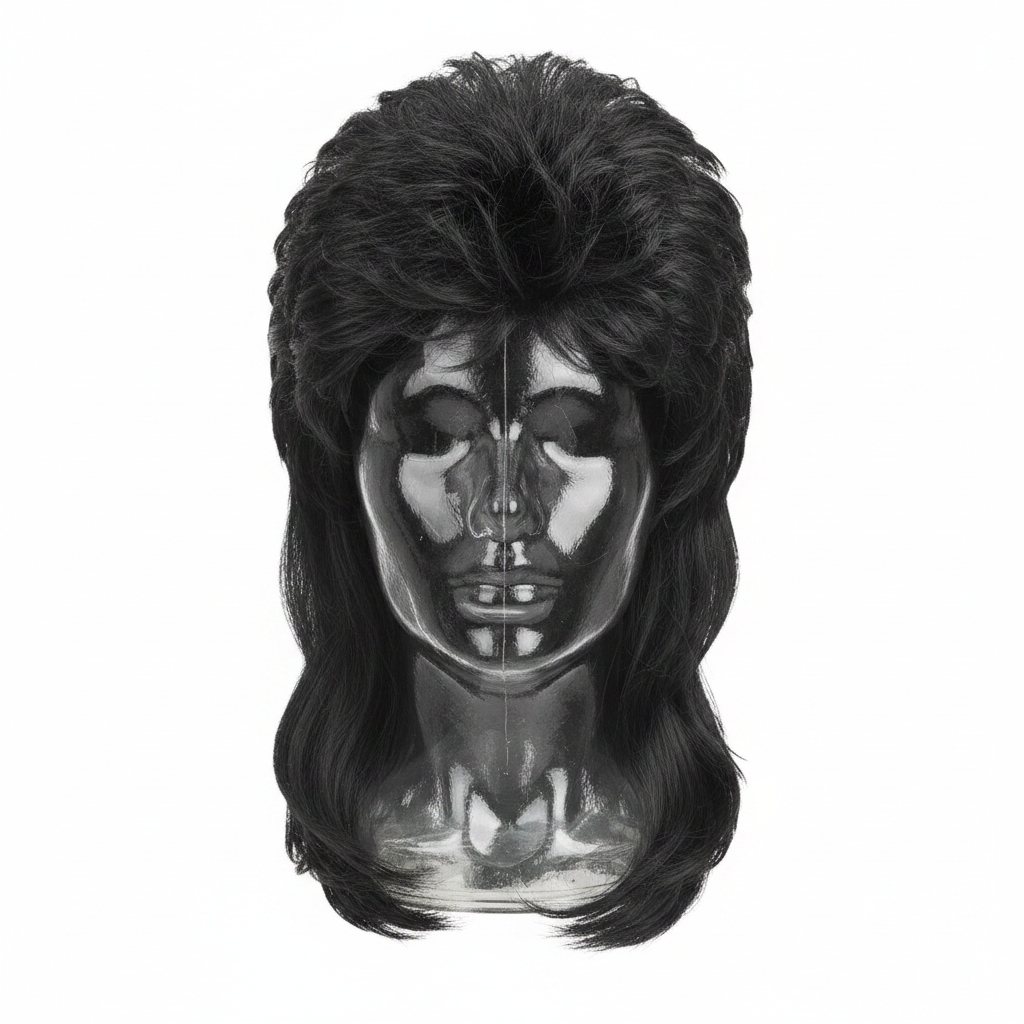 Men's 1980s black mullet wig on pure white background, studio hero shot showing full jet-black business-front party-back silhouette