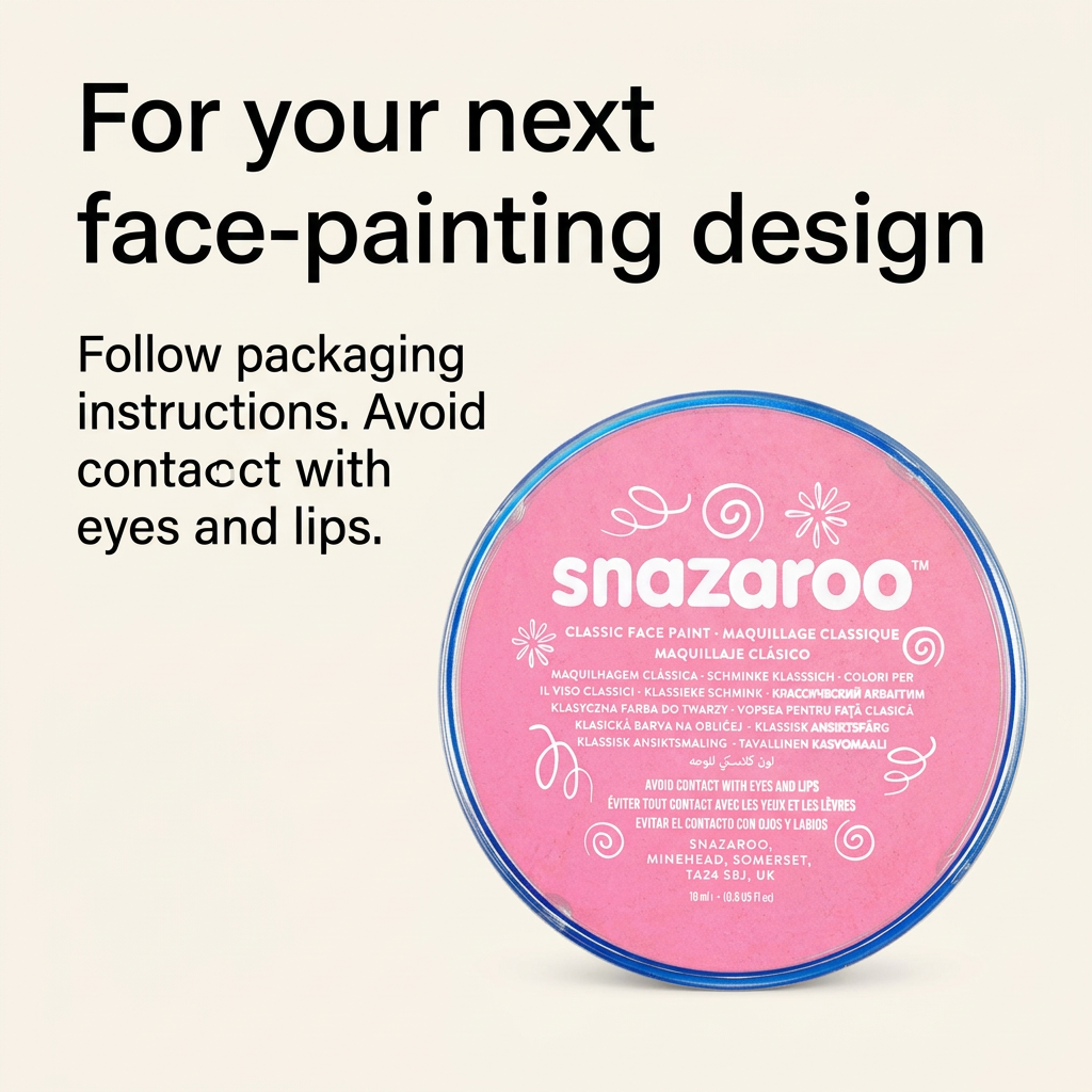 Snazaroo Pale Pink face paint beside guidance to follow packaging instructions and avoid eyes and lips