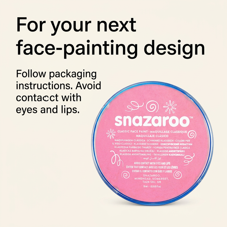 Snazaroo Pale Pink face paint beside guidance to follow packaging instructions and avoid eyes and lips