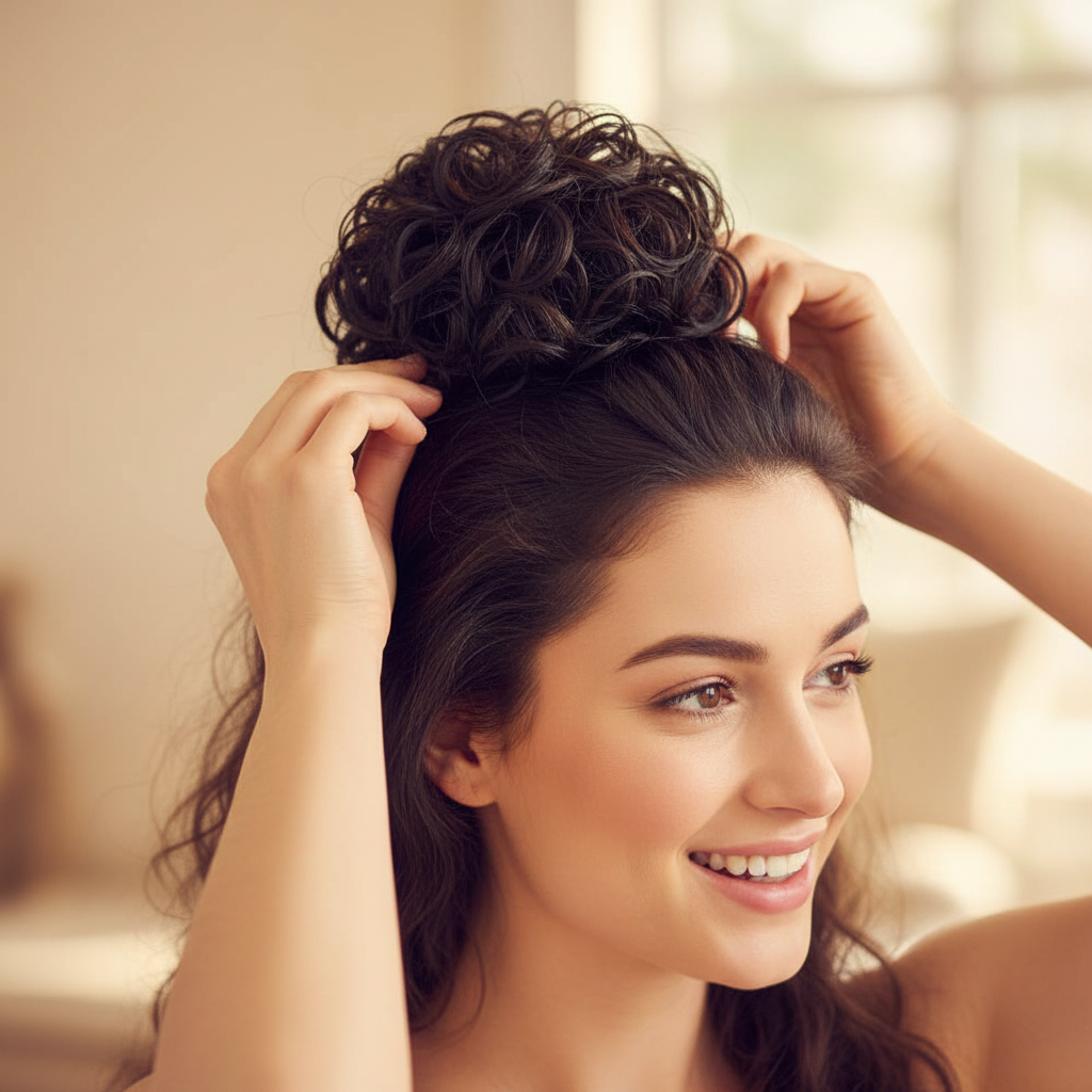 Woman styling her hair with a dark brown curly messy hair bun clip-in hairpiece, candid natural moment with bokeh background