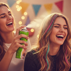 Friends laughing while applying Party Success Multi-Colour Glitter Hair Spray, candid authentic moment