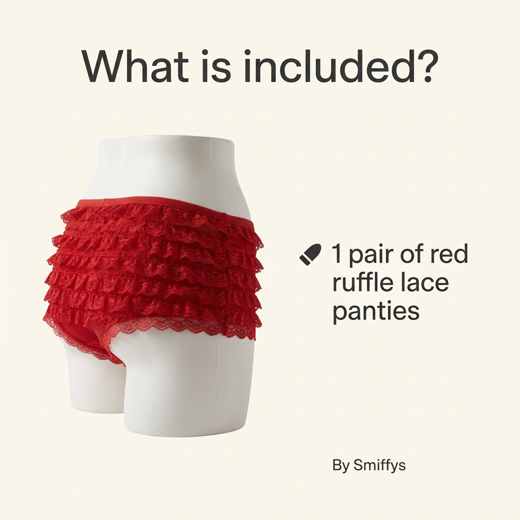 Smiffys red ruffle lace panties with a caption describing one pair included