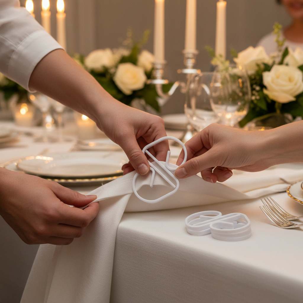 Tablecover clips securing a white tablecloth at an elegant indoor dinner party