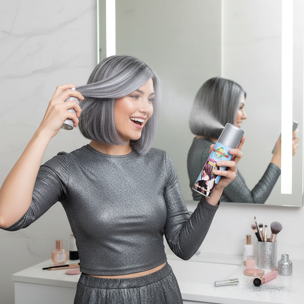 Person applying Party Success silver temporary hair colour spray - easy application for instant transformation