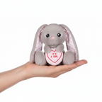 Swizzels Love Heart Bunny It's A Girl 18cm grey plush held in one hand to show compact size