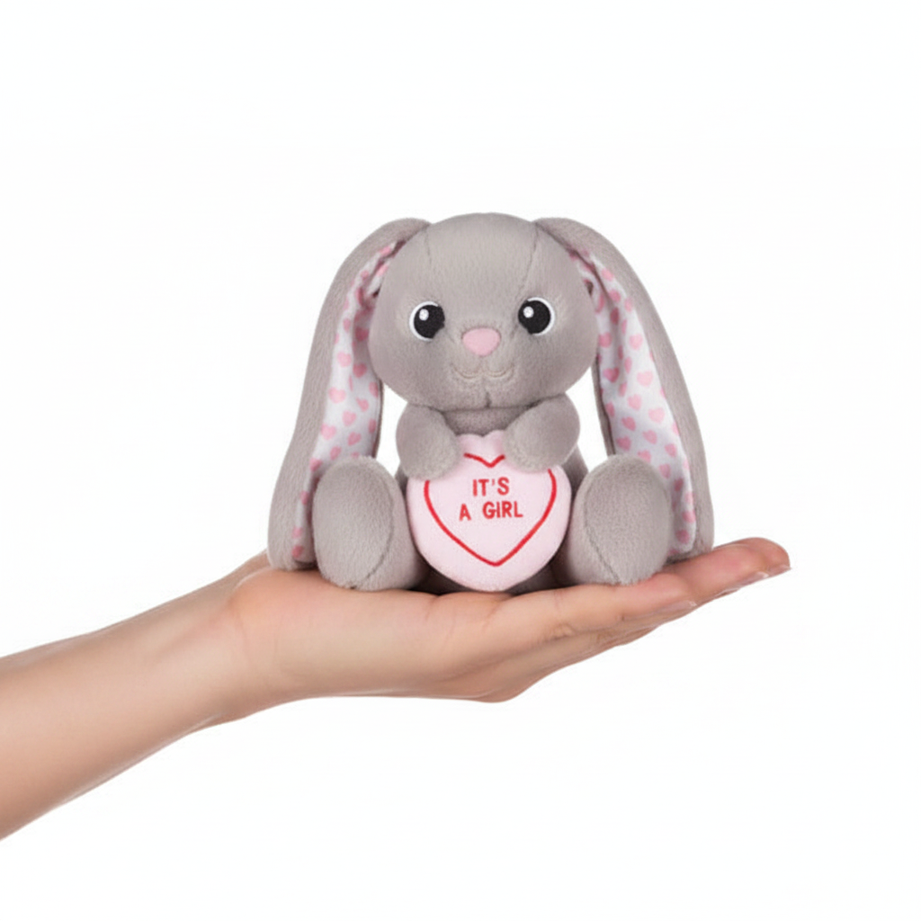 Swizzels Love Heart Bunny It's A Girl 18cm grey plush held in one hand to show compact size