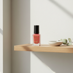 Barry M Velvet Matte Nail Paint Burning Sand 243 – styled on oak bathroom shelf with ceramic dish and eucalyptus in natural window light