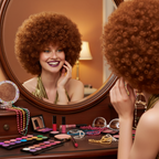 Woman getting ready for a costume party, smiling in mirror while wearing Giant Brown Afro Wig