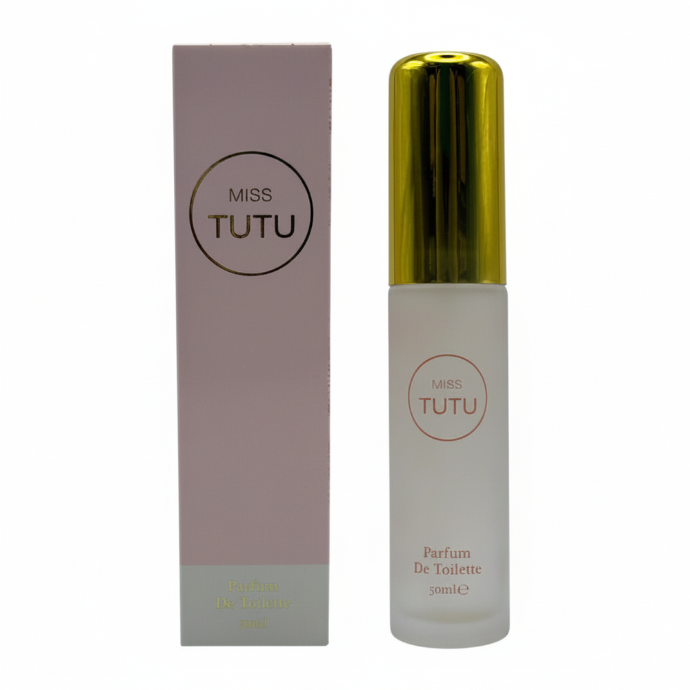 Milton Lloyd Miss Tutu Parfum De Toilette 50ml — frosted white bottle with metallic gold cap and blush rose box on white background