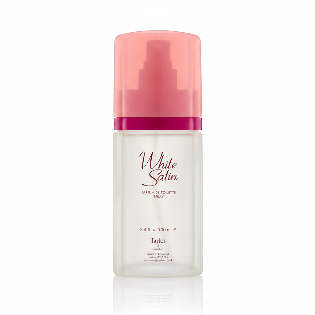 Taylor of London White Satin 100ml EDT parfum de toilette spray on pure white background, studio hero shot