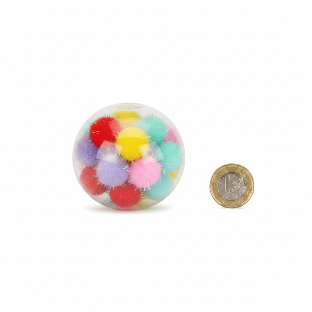 Squishy pom pom ball 6.5cm shown beside a British pound coin to demonstrate size, flat lay on white background