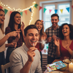 Young adults laughing at party using fake smoking joke cigarettes as comedy prop