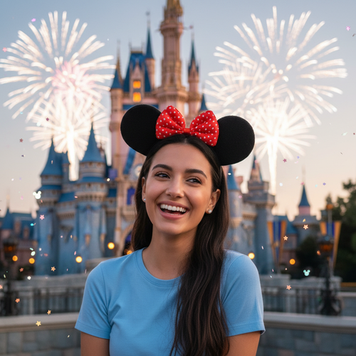 Woman wearing mouse ears headband with red bow at Disney theme park