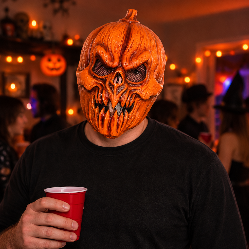 Adult wearing the killer pumpkin mask and holding a cup at a Halloween party