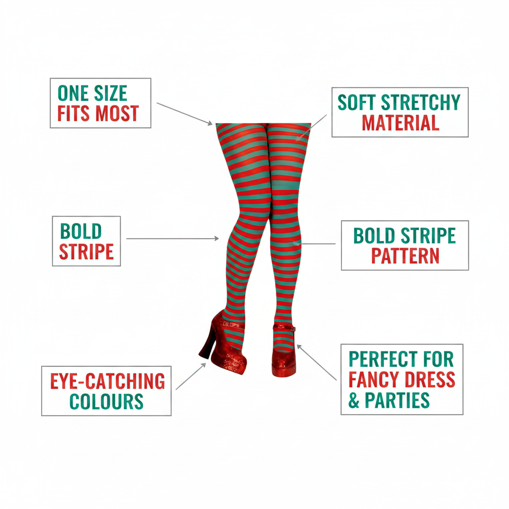 Womens red and green striped tights infographic showing key features including one size fits most, soft stretchy material and bold stripe pattern