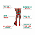 Womens red and green striped tights infographic showing key features including one size fits most, soft stretchy material and bold stripe pattern