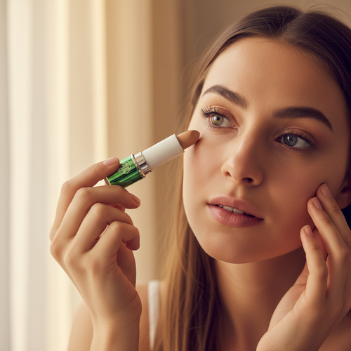 Woman applying W7 Tea Tree Concealer Stick to under-eye area, candid beauty moment with warm bokeh background and metallic green concealer stick