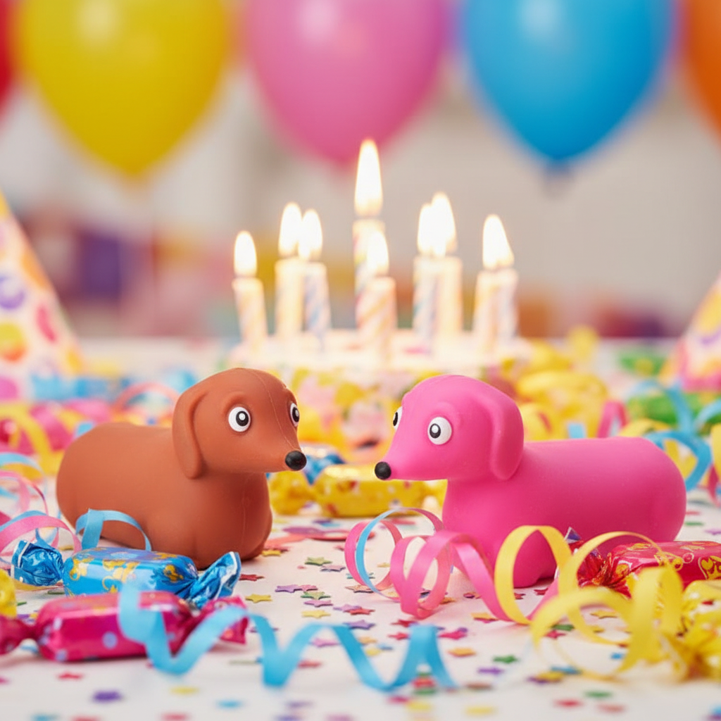Three sausage dog squeeze toys in brown pink and blue on kids birthday party table as party bag gifts with sweets and confetti