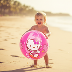 Child candidly playing with Hello Kitty pink beach ball at the beach, bokeh background