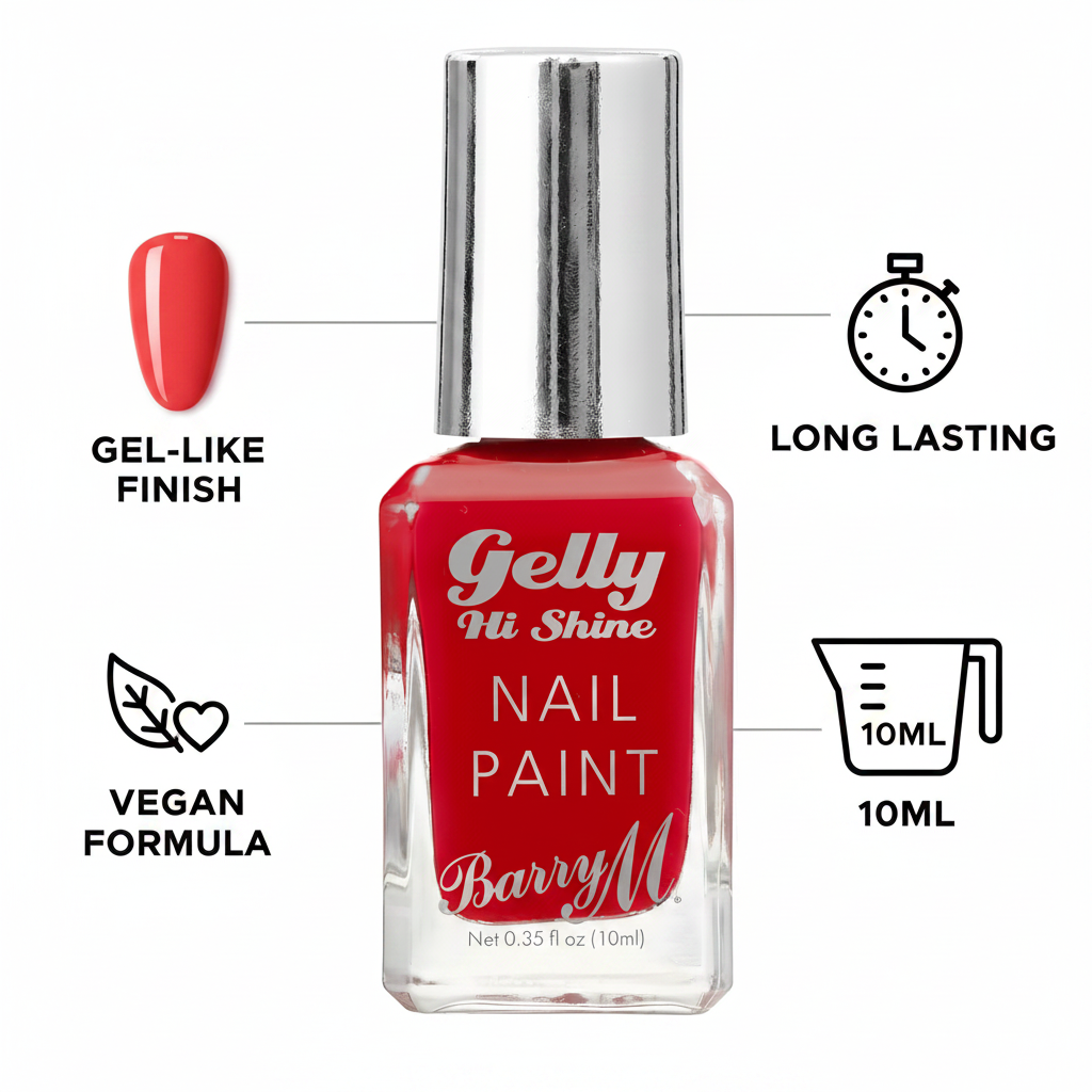 Barry M Gelly Hi Shine Nail Polish Passion Fruit 029 - key features infographic