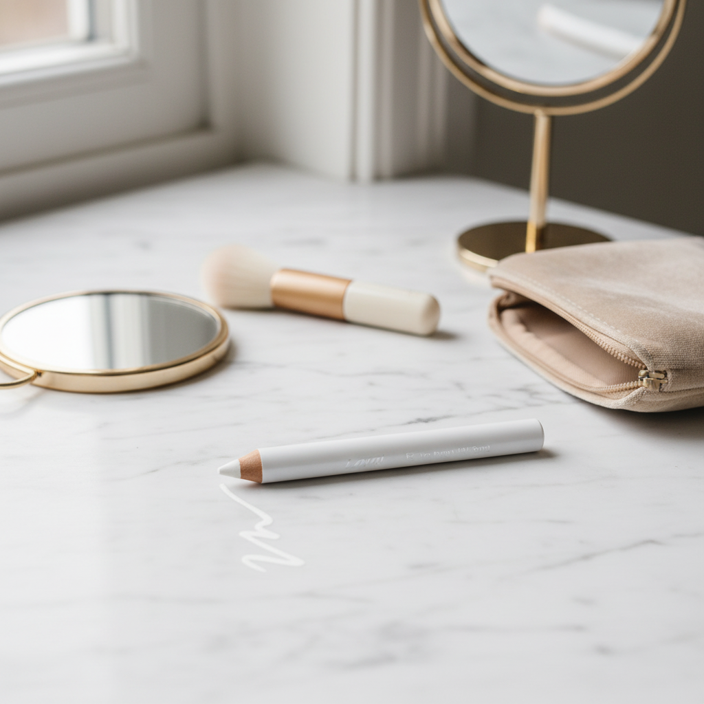 Laval Pearl Eye Shader Eyeshadow Pencil styled on white marble vanity with makeup brush and mirror