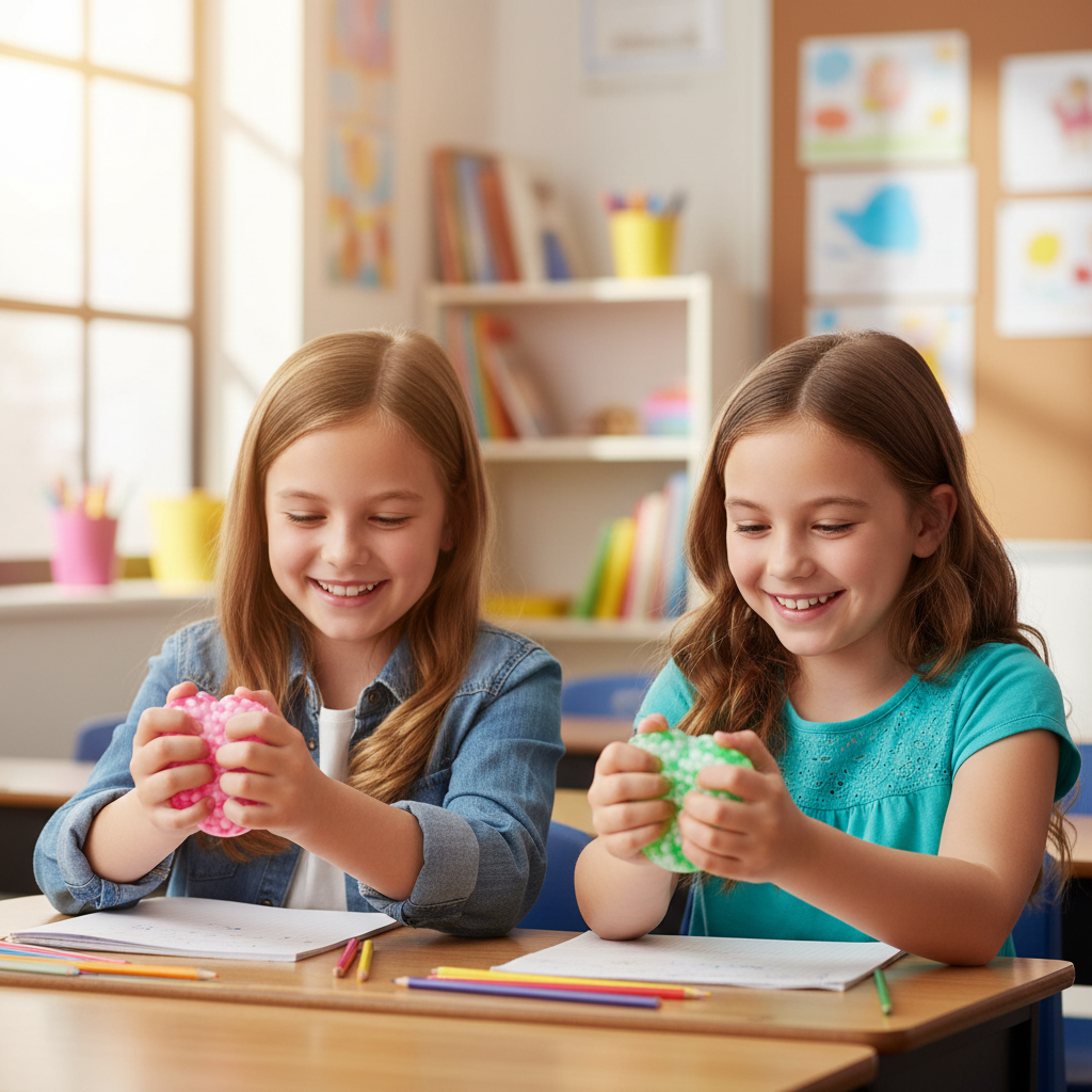 Two girls at school desk comparing their pink and green Squeezy Pearls Stress Ball Fidget Toys in a bright classroom