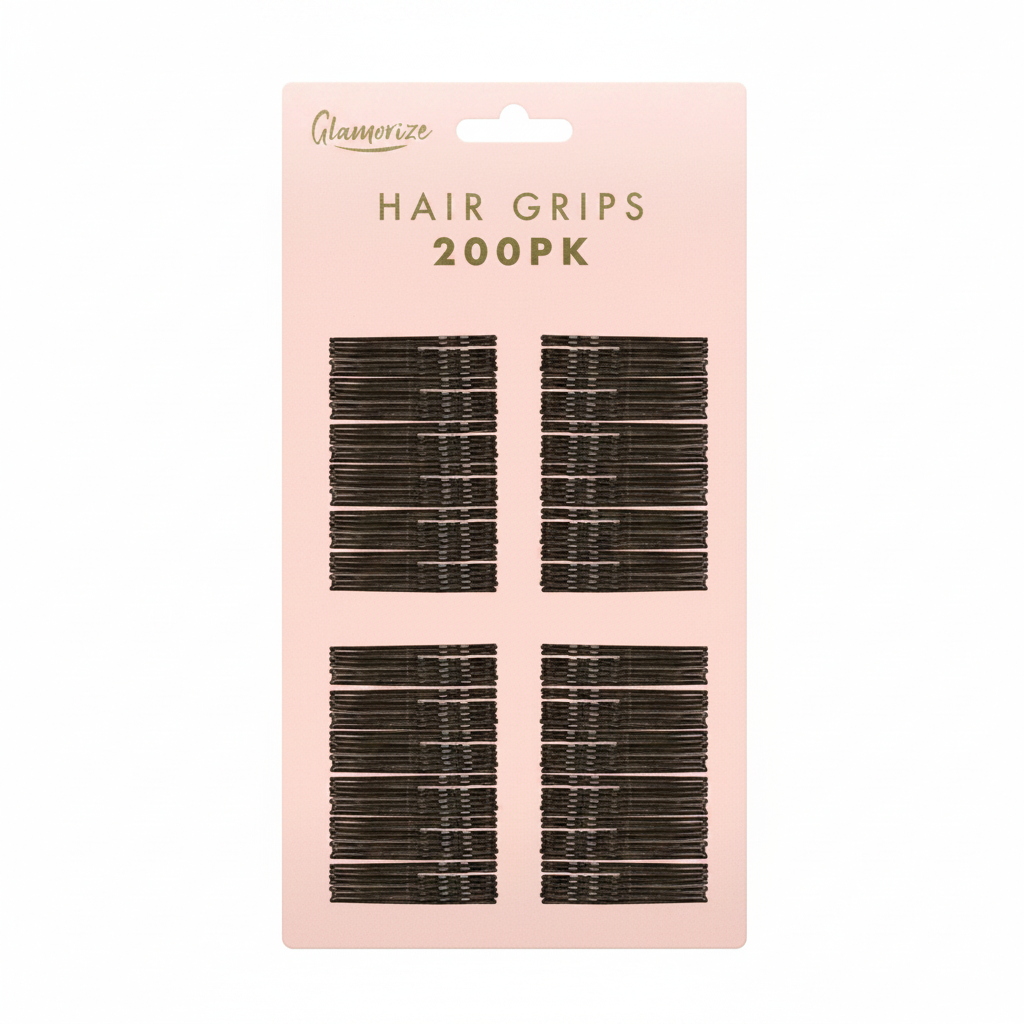 Glamorize Secure Hold Hair Grips 200pk on pure white background, blush pink card packaging with dark brown bobby pins, Amazon hero shot