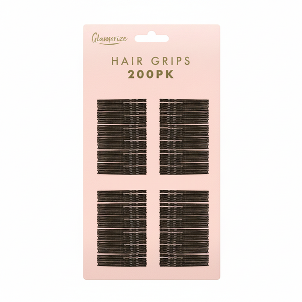 Glamorize Secure Hold Hair Grips 200pk on pure white background, blush pink card packaging with dark brown bobby pins, Amazon hero shot