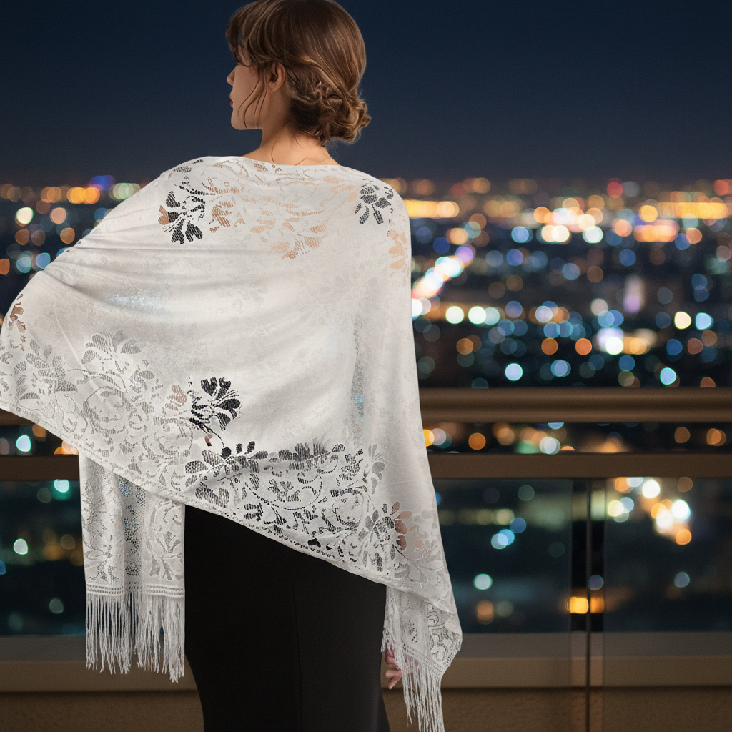 Sophisticated woman wearing white lace pashmina shawl on hotel balcony at night with city skyline