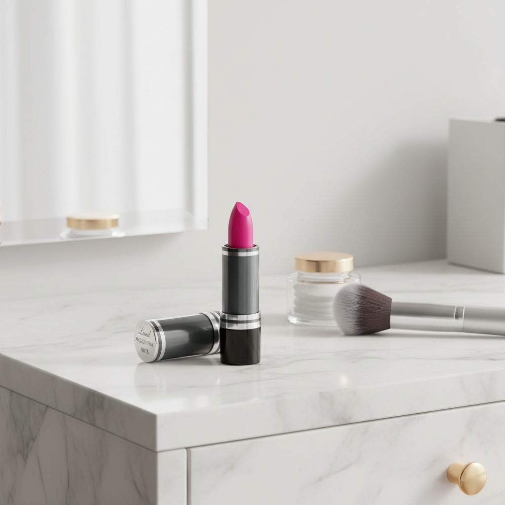 Laval Lipstick Passion Pink 78 on marble vanity dressing table with beauty accessories
