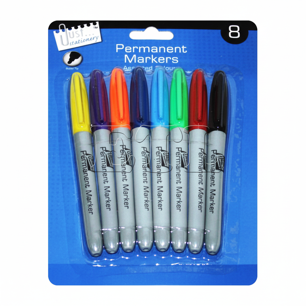 Tallon Permanent Markers 8 Pack Multi Coloured on pure white background, studio hero shot showing all 8 marker caps in yellow, purple, orange, navy, sky blue, green, red and black