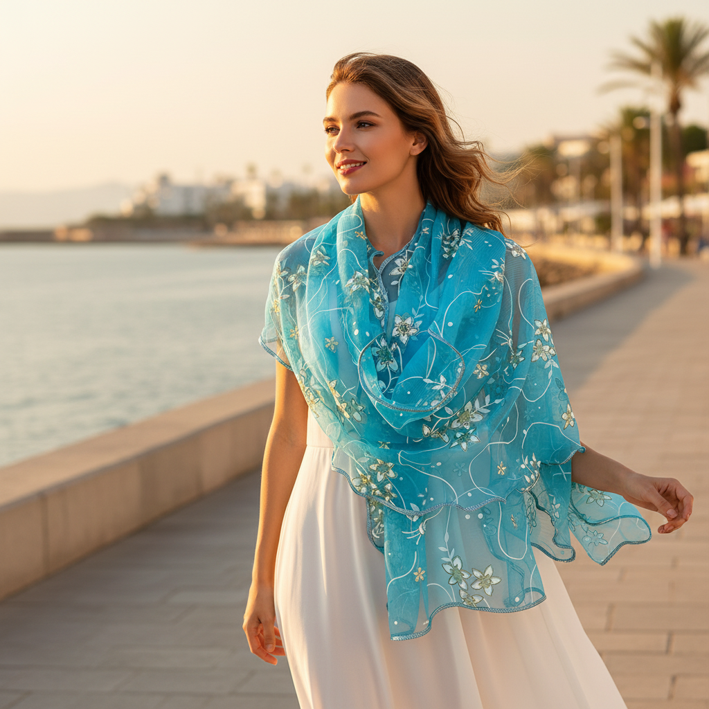 Elegant woman wearing a teal floral chiffon scarf with scalloped edges walking along a Mediterranean coastal promenade at golden hour