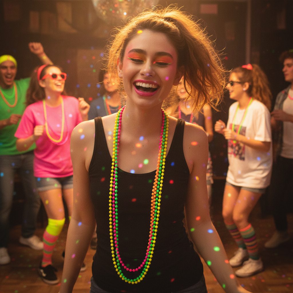 Woman wearing layered neon bead necklaces at a vibrant 1980s themed party with disco ball lighting
