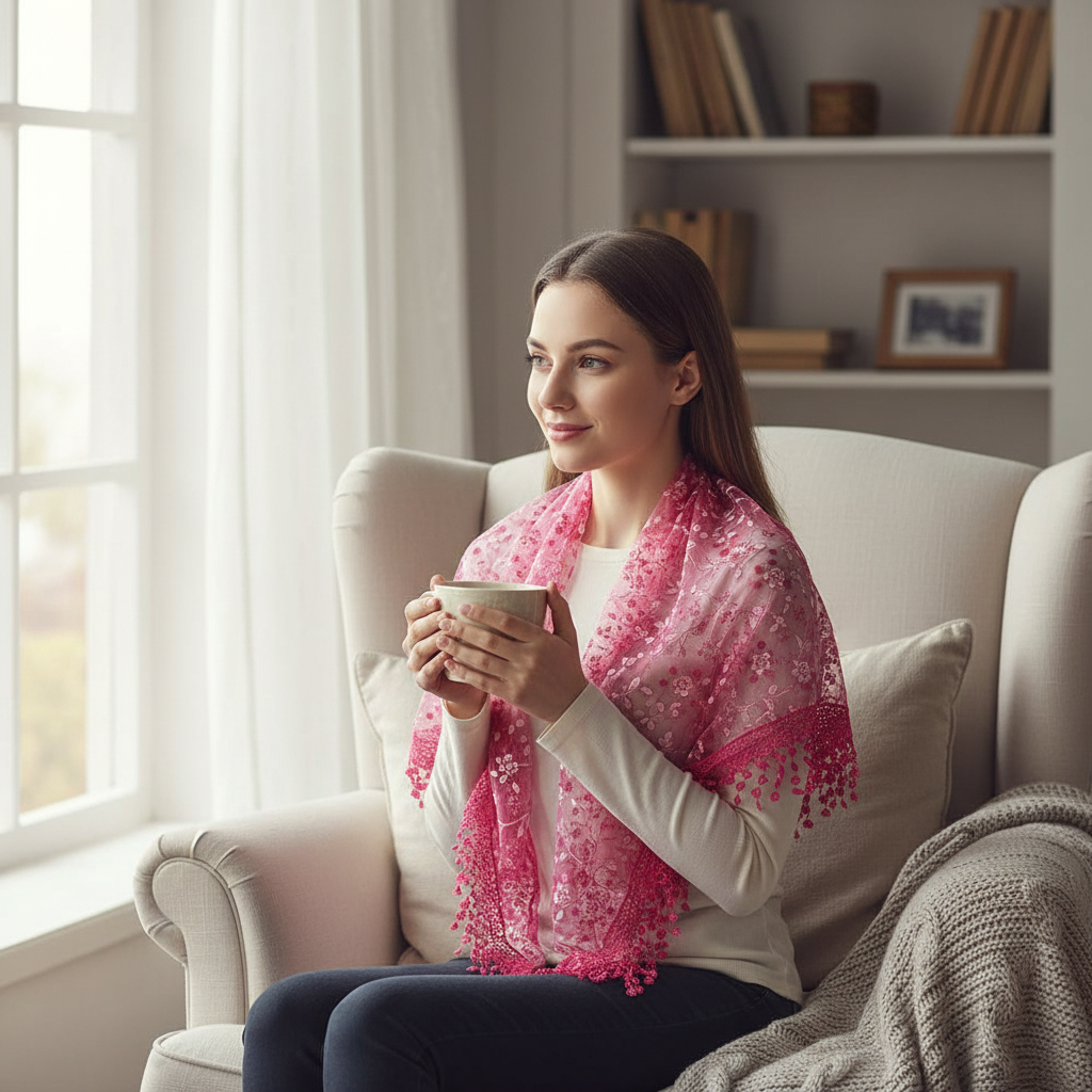 Woman relaxing at home wearing a rose red lace scarf over her shoulders while holding a warm mug of tea by a window