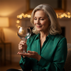 Elegant woman holding Art Deco 70th Birthday Gin Glass in a candid lifestyle moment