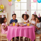 Hot pink tablecover on a children's birthday party table with cake and party hats