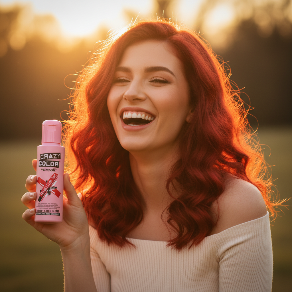 Confident woman with vivid vermillion red hair in golden hour light holding Crazy Color hair dye