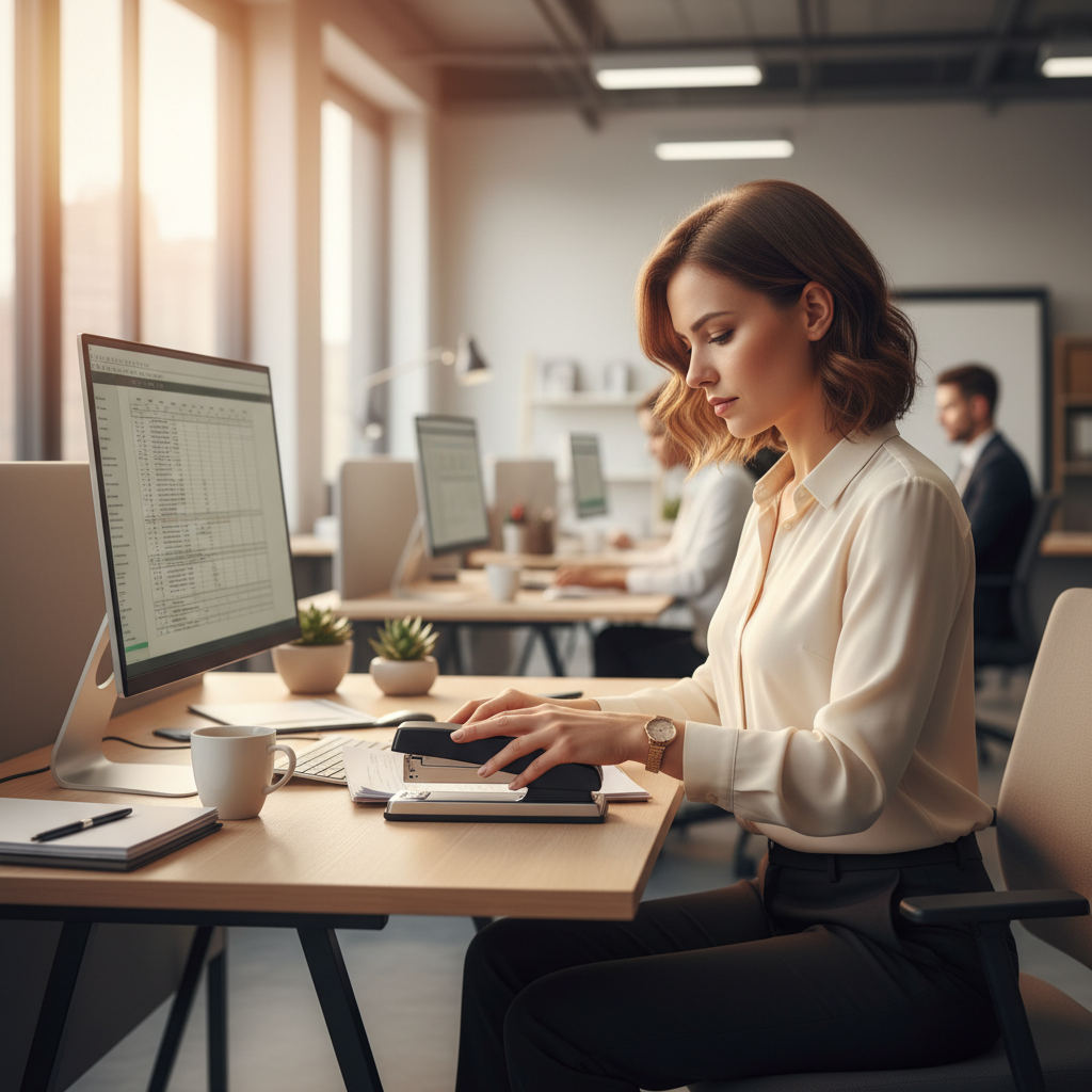 Professional woman using a desktop stapler at her office desk
