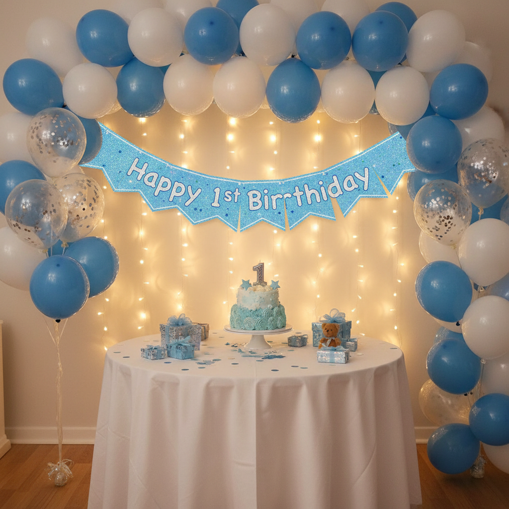 Complete first birthday party setup with blue glitz banner as centrepiece
