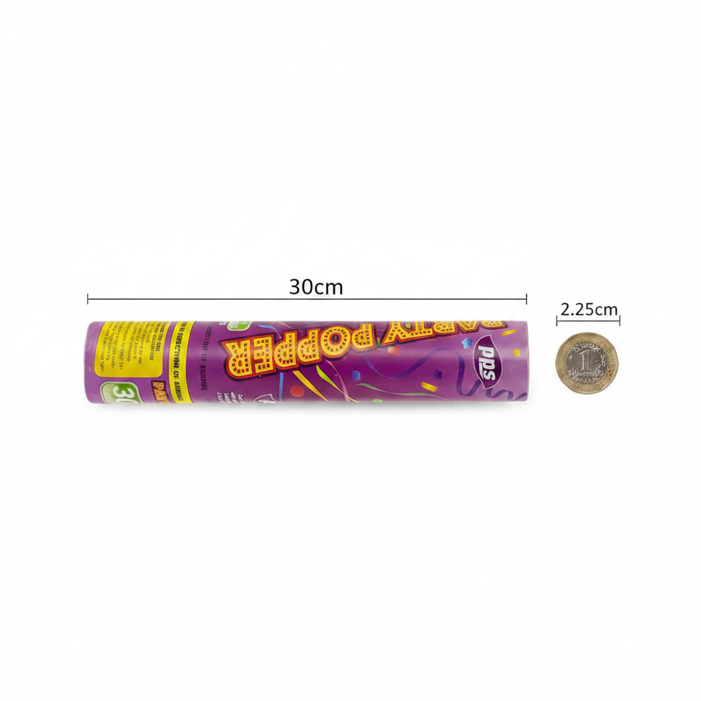 30cm colour confetti cannon party popper beside £1 coin for size reference