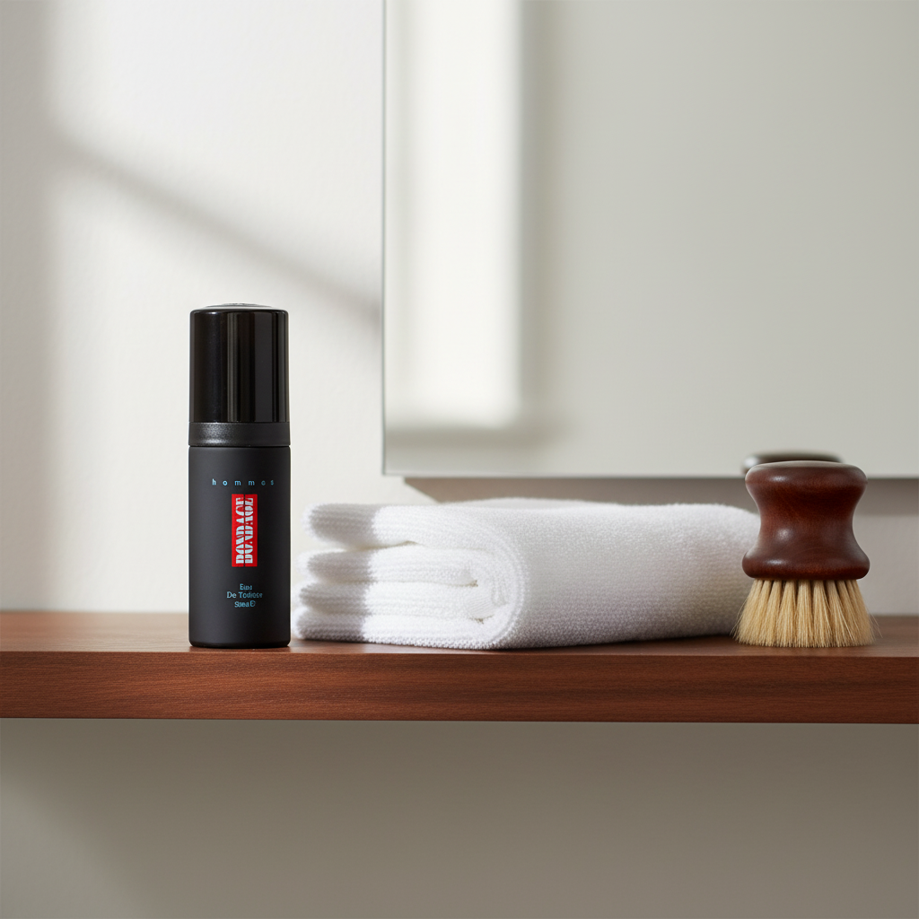 Milton Lloyd Bondage Hommes 50ml EDT on dark wood bathroom shelf with towel — natural environment lifestyle