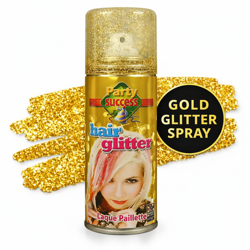 Party Success Gold Glitter Hair Spray 125ml aerosol can on pure white background, Amazon and eBay compliant hero shot