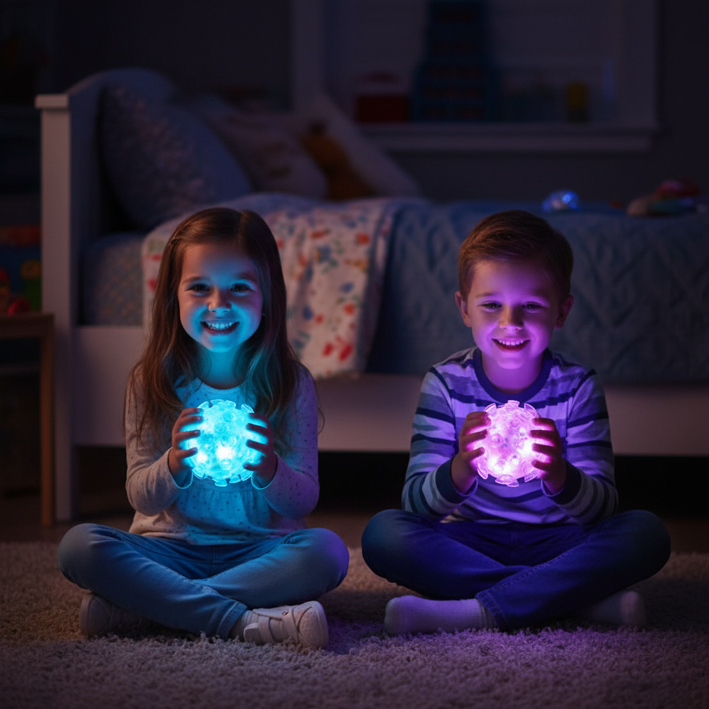 Two children holding glowing blue and purple Squish Squeeze Strobe balls lighting up their faces at night