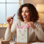 Woman joyfully receiving Laval Lipstick Tawny No 37 as a birthday gift