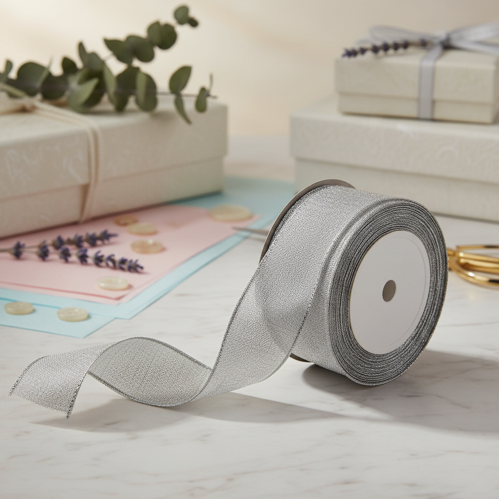 Eleganza silver woven edge ribbon 38mm x 20m on elegant background