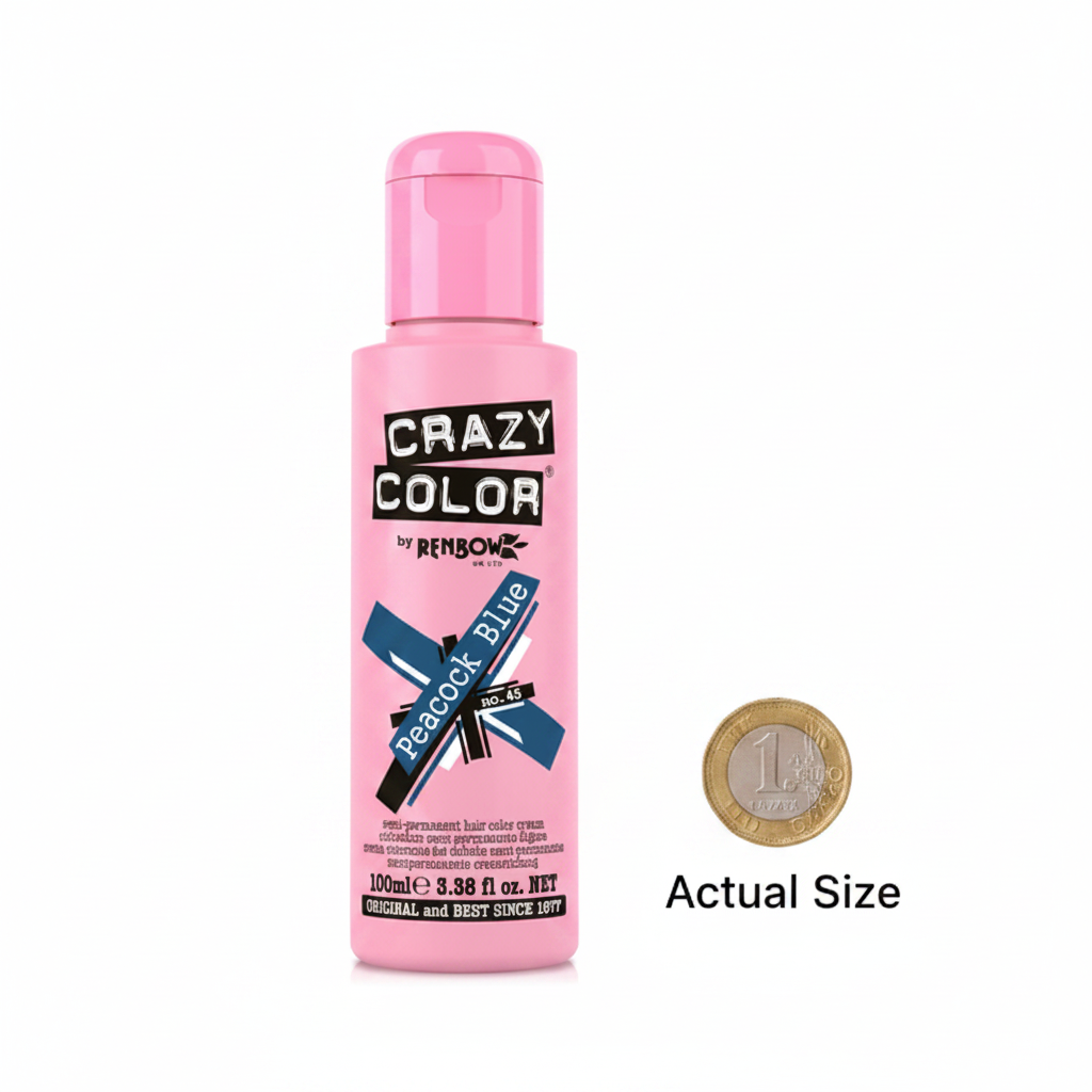 Crazy Color Peacock Blue Hair Dye 100ml beside a UK £1 coin on white background to show product size